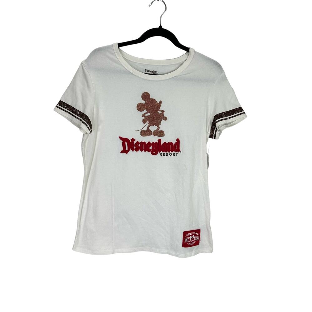 Disneyland NWT Women’s Y2K Patch Logo Glitter Mickey Resort Baseball Tee size L
